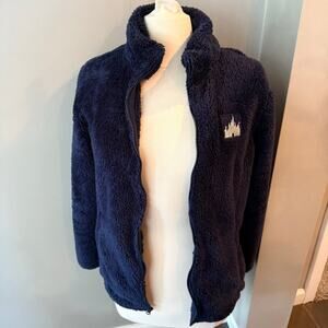 Disneyland Parks Womens Med Navy‎ Blue Teddy Fleece Full Zip Fuzzy Jacket Castle